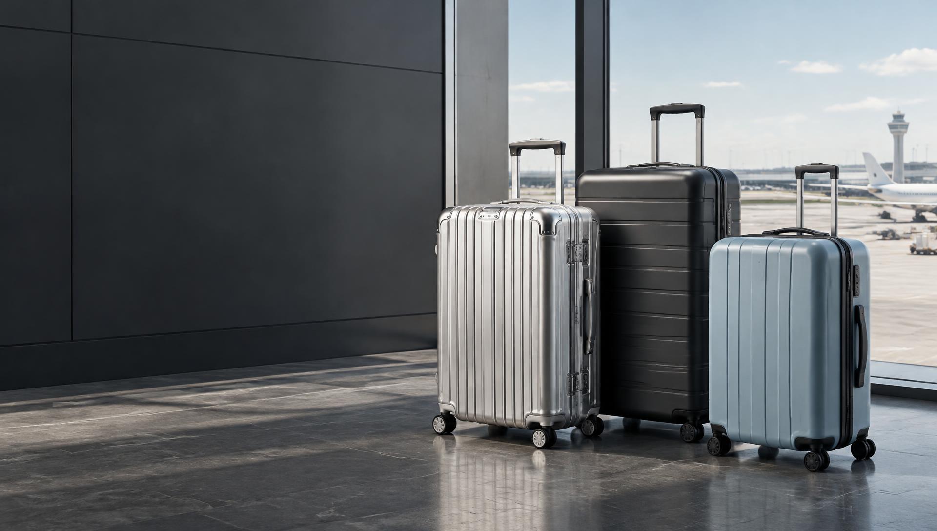 Silver, charcoal and pale-blue travel suitcases at an airport terminal